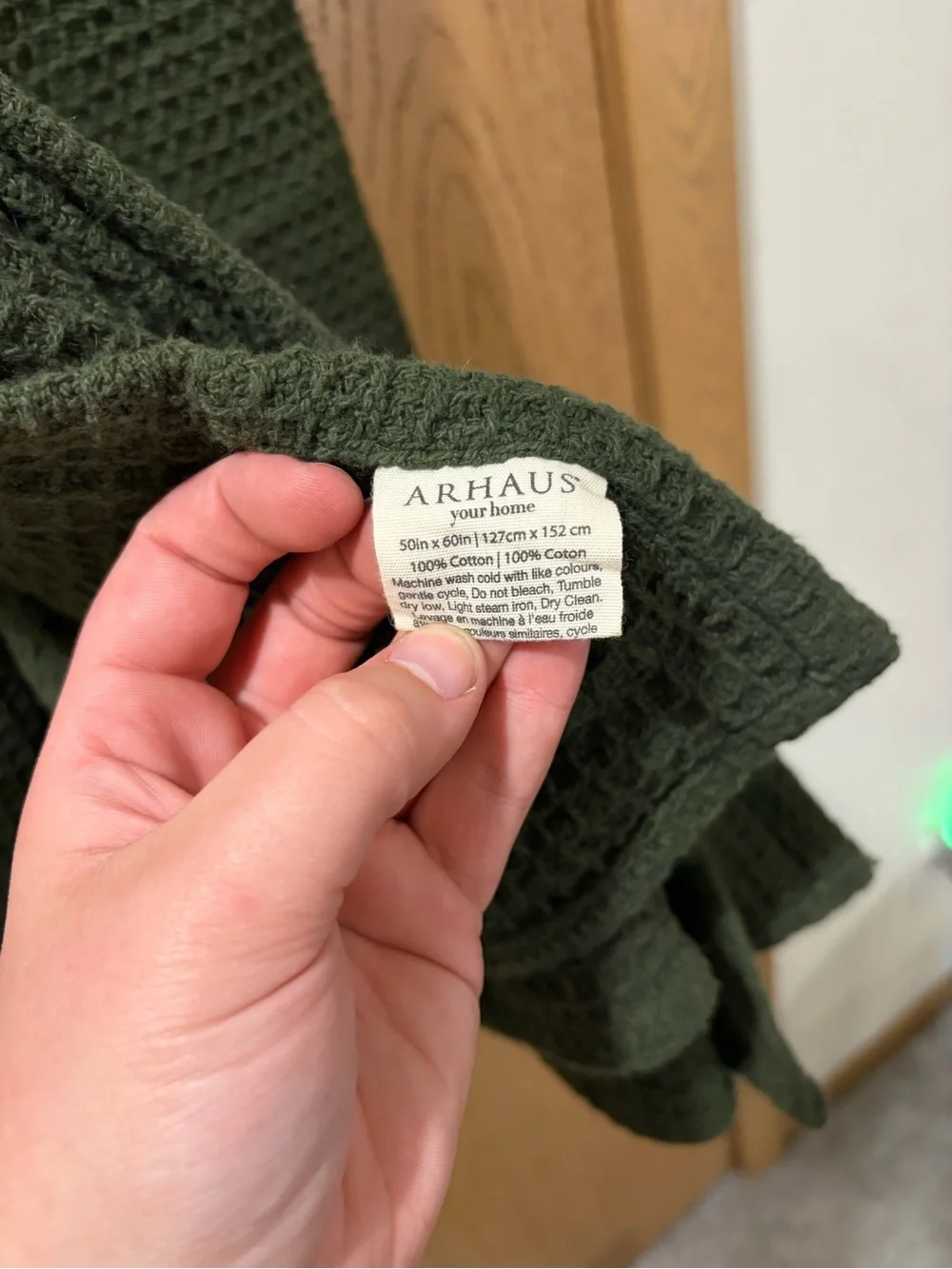 Arhaus Waffle Weave Cotton Throw Blanket Dark Green 50x60 Cozy Home Decor